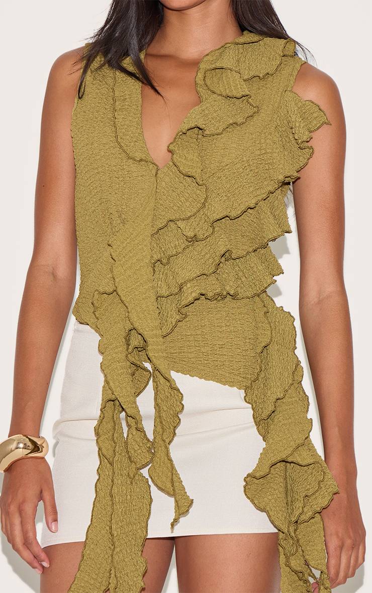 Vert Olive Haut Long Asymétrique À Volants Texturés