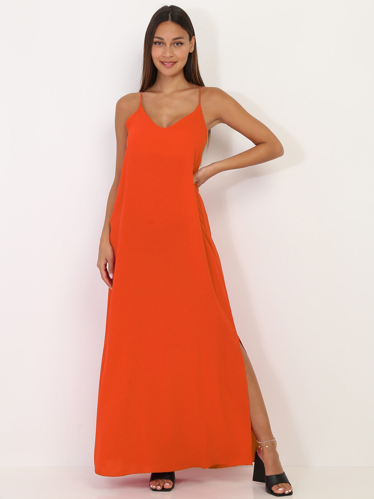 Robe longue fendue à dos croisé- orange