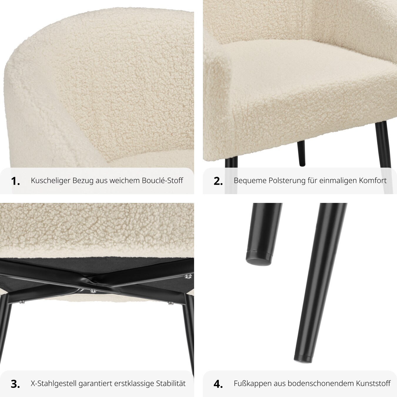 tectake® Sessel, gepolstert, mit Bouclé-Bezug, runde Stahlbeine, 120 kg Belastbarkeit, 68 x 62 x 77 cm