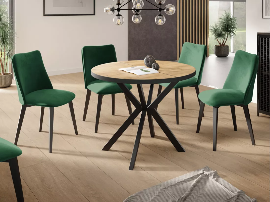 Table Ronde à Rallonges Pour La Salle à Manger - 120/196 Cm - Table Avec Pieds En Métal Noir - Compacte - Chêne Craft