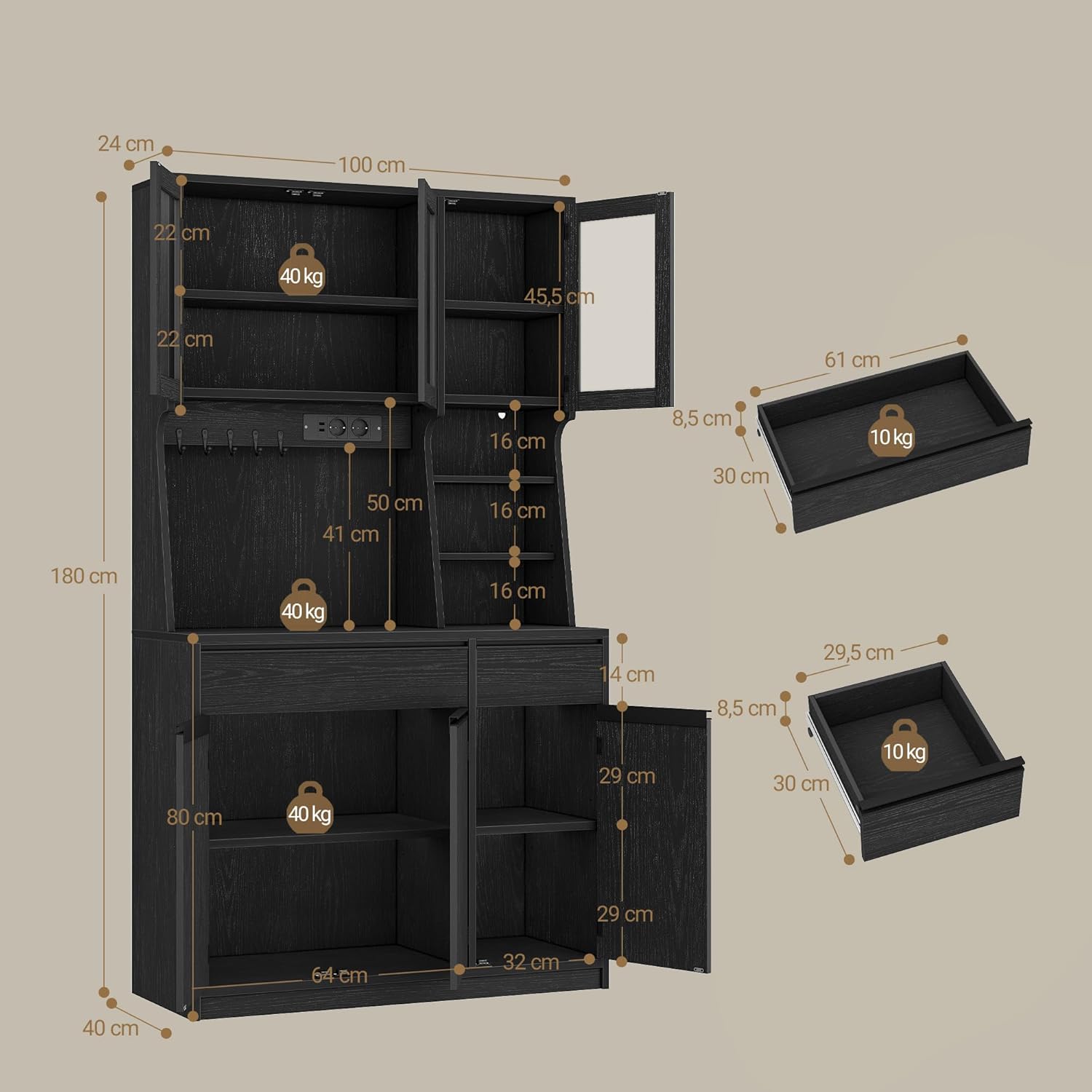 Hzuaneri küchenschrank, Buffetschrank, Hochschrank mit Steckdosen und Led-Lichtleisten, mit Arbeitsplatten und Zwei Schubladen, Verstellbare Einlegeböden, Küche, 40 X 100 X 180 cm, Schwarz PT00104XEU
