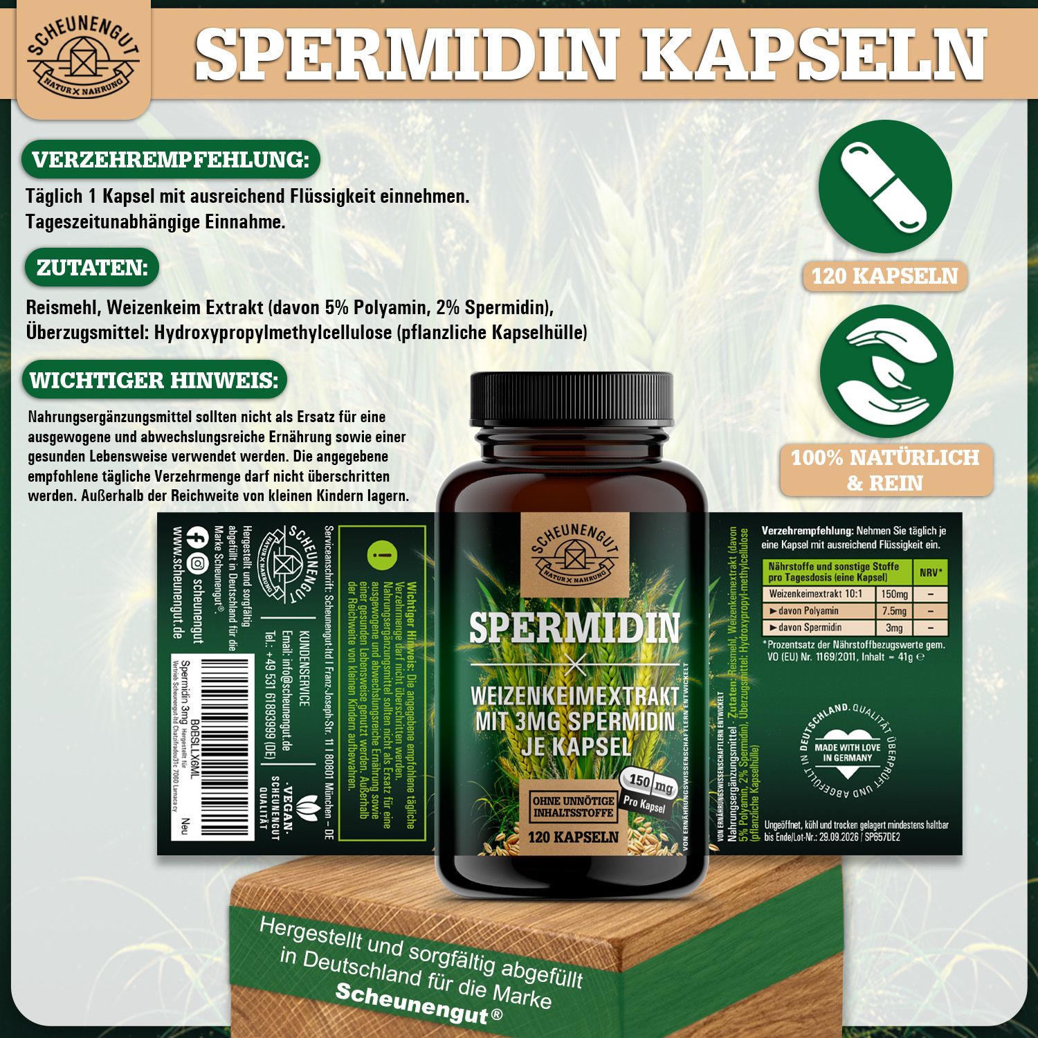Scheunengut® Spermidin 3mg | Natürlich gewonnen aus Weizenkeimen