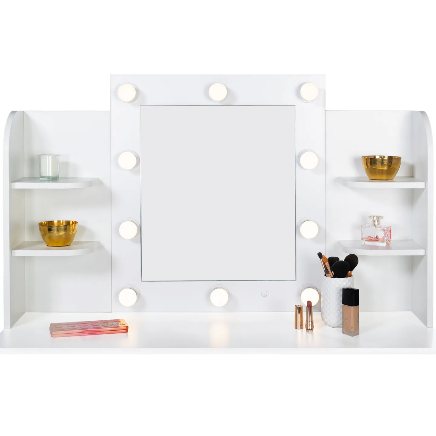 Coiffeuse ZELIA blanche table de maquillage 4 étagères, miroir LED et tabouret