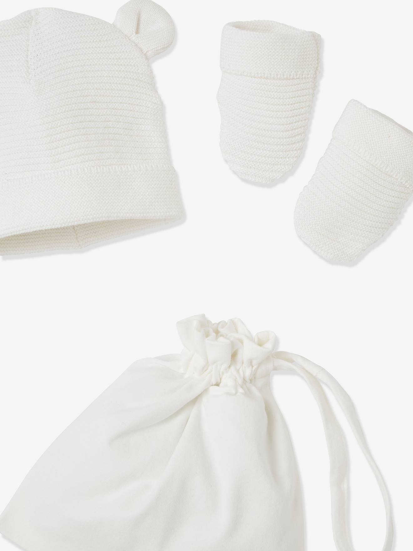 Conjunto para recém-nascido com gorro, luvas e sapatinhos, acompanhado de bolsa azul-marinho combinando.