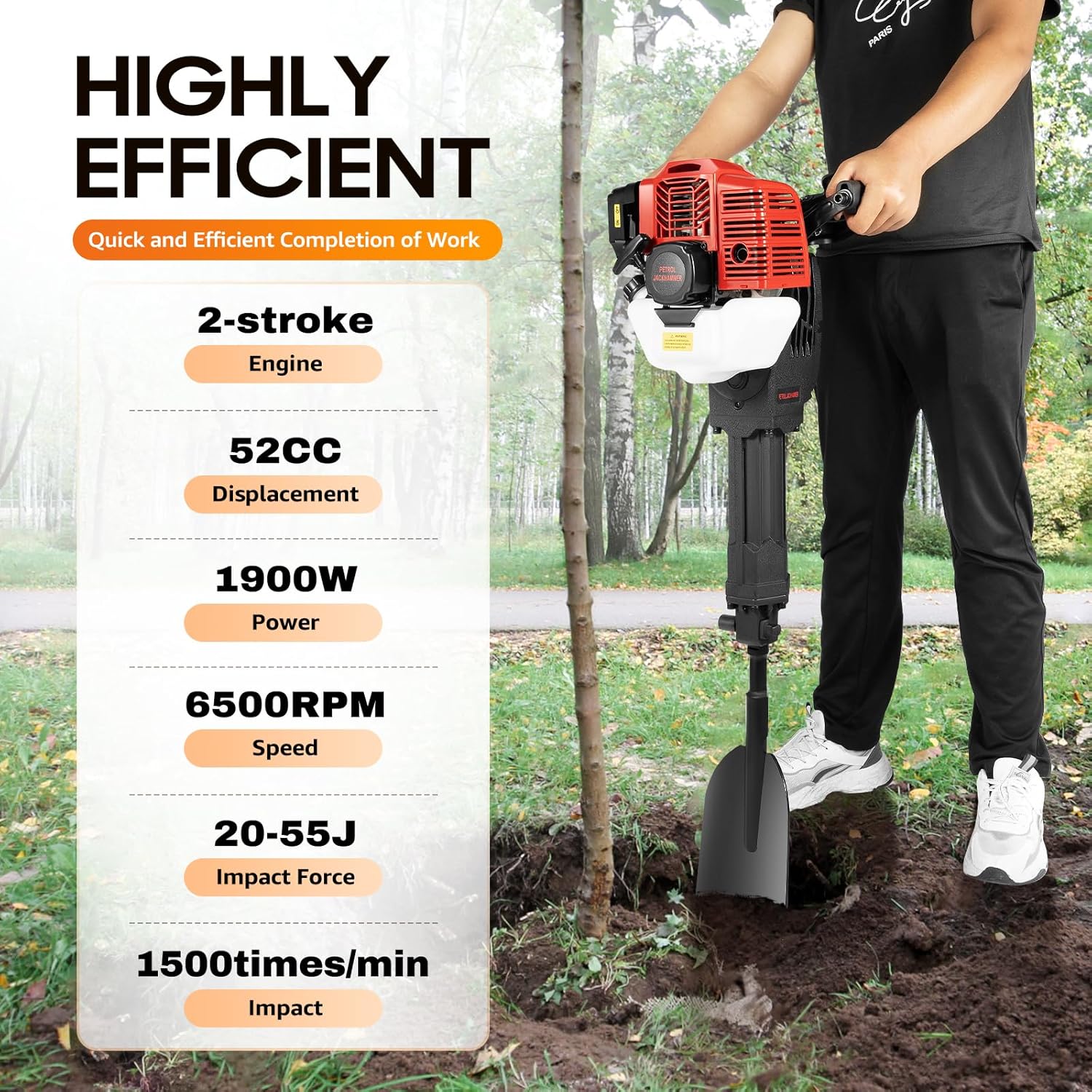 52CC 2-Takt 1900W Garten Baum Bagger, Benzin Handgeführte Gartenbaumgräber Baumpflanzschaufel Grabenfräse Bagger Graben Maschine Luftgekühlte für Garten Bauernhof Baumpflanzung