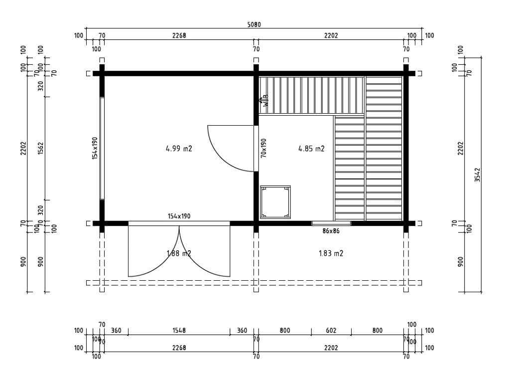 FinnTherm Saunahuis Enns-70 Tuinsauna met 3 houten banken, 70 mm dikke wanden, buitensauna met montagemateriaal, natuurlijke afwerking, 5,1 x 3,5 m