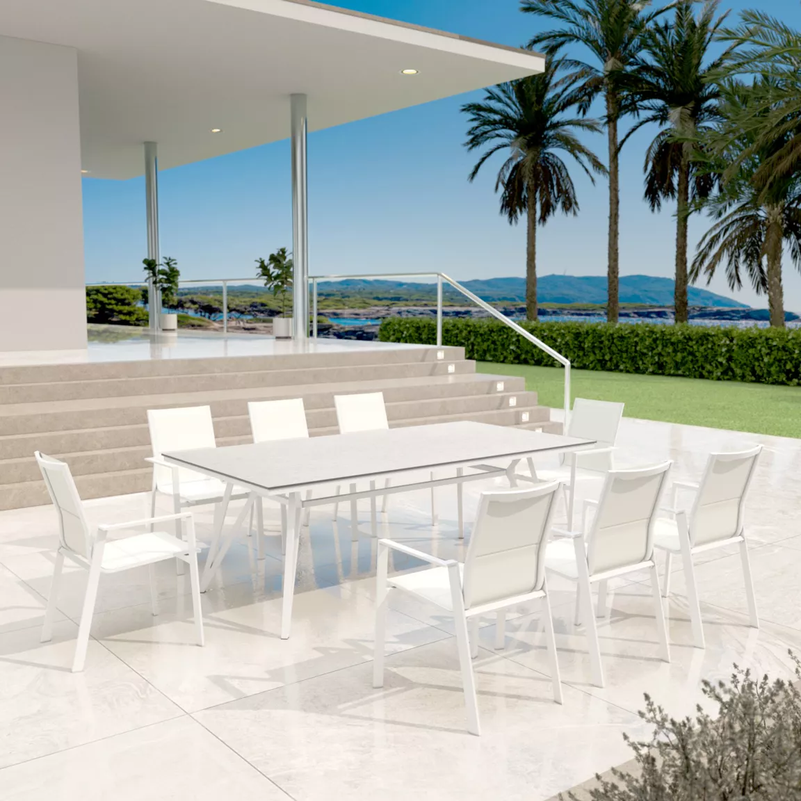Table de jardin en aluminium et HPL 10 places (220 x 115 cm) Biarritz effet pierre Blanc
