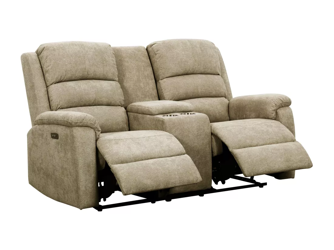Canapé 2 places relax électrique en tissu taupe avec tablette NEVERS