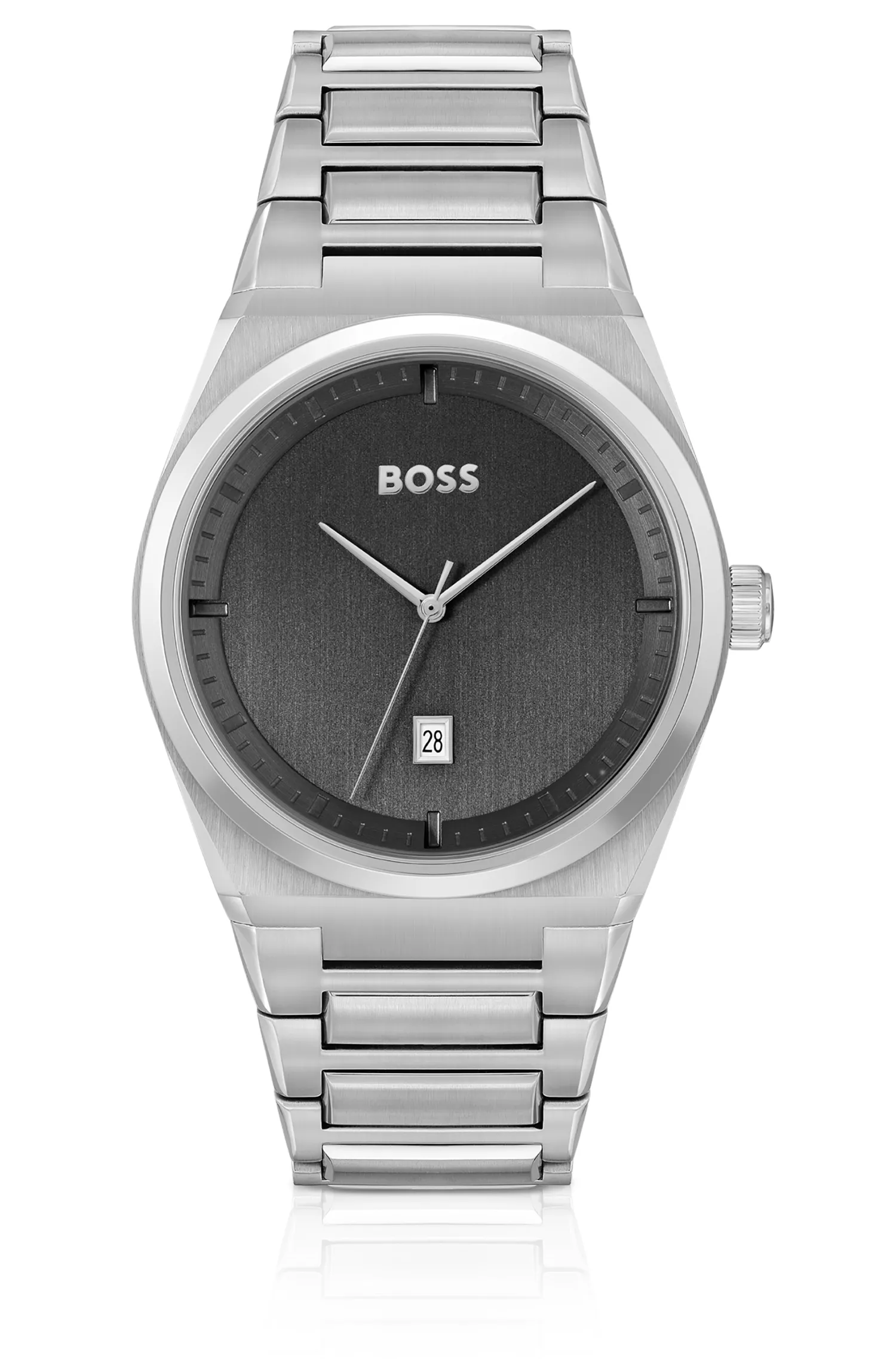 Relógio BOSS com pulseira de elos pretos e mostrador cinza.