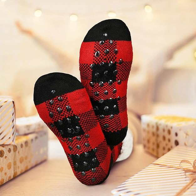 (1 Paar) Extra Dicke Kuschel Socken Anti-Rutsch Wintersocken Füsslinge Flauschige Bettsocken (One Size) - Schwarz / Rot / Weiss