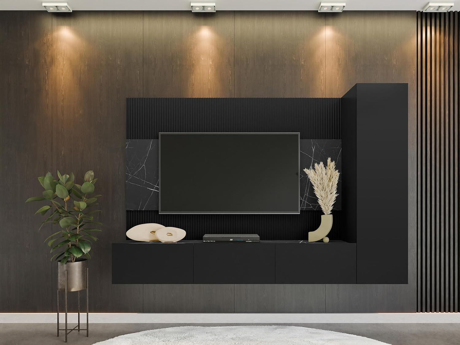 Mirjan24 Wohnwand Deromi VI, Anbauwand mit Wandpaneele und TV-Lowboard, Akustikplatten, Fernsehschrank, Schrankwand, Mediawand, Hängeschrank (Schwarz + Schwarz Marmor)