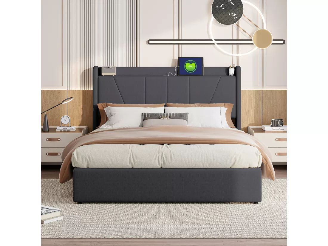 Lit double 160*200cm avec 2USB+1port de type-c+levier pneumatique, Noir, Linen