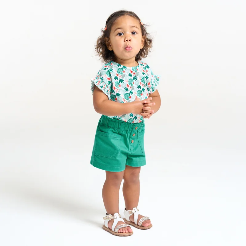 Tee-shirt imprimé tropical et short micro twill de coton vert bébé fille Vert