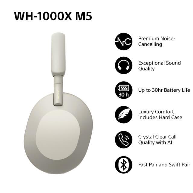 Sony WH-1000XM5 trådløse around-ear høretelefoner (platinum silver)