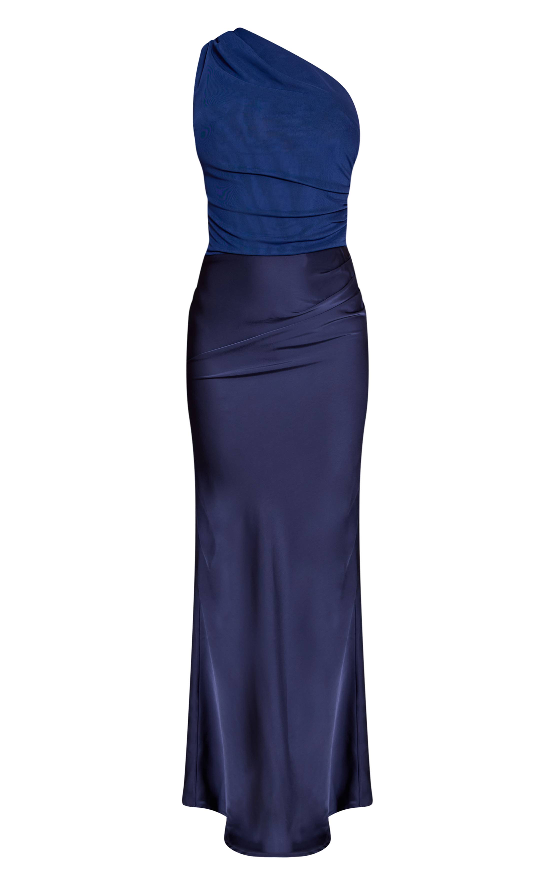 Bleu Marine Robe Maxi En Satin À Une Épaule Avec Contraste