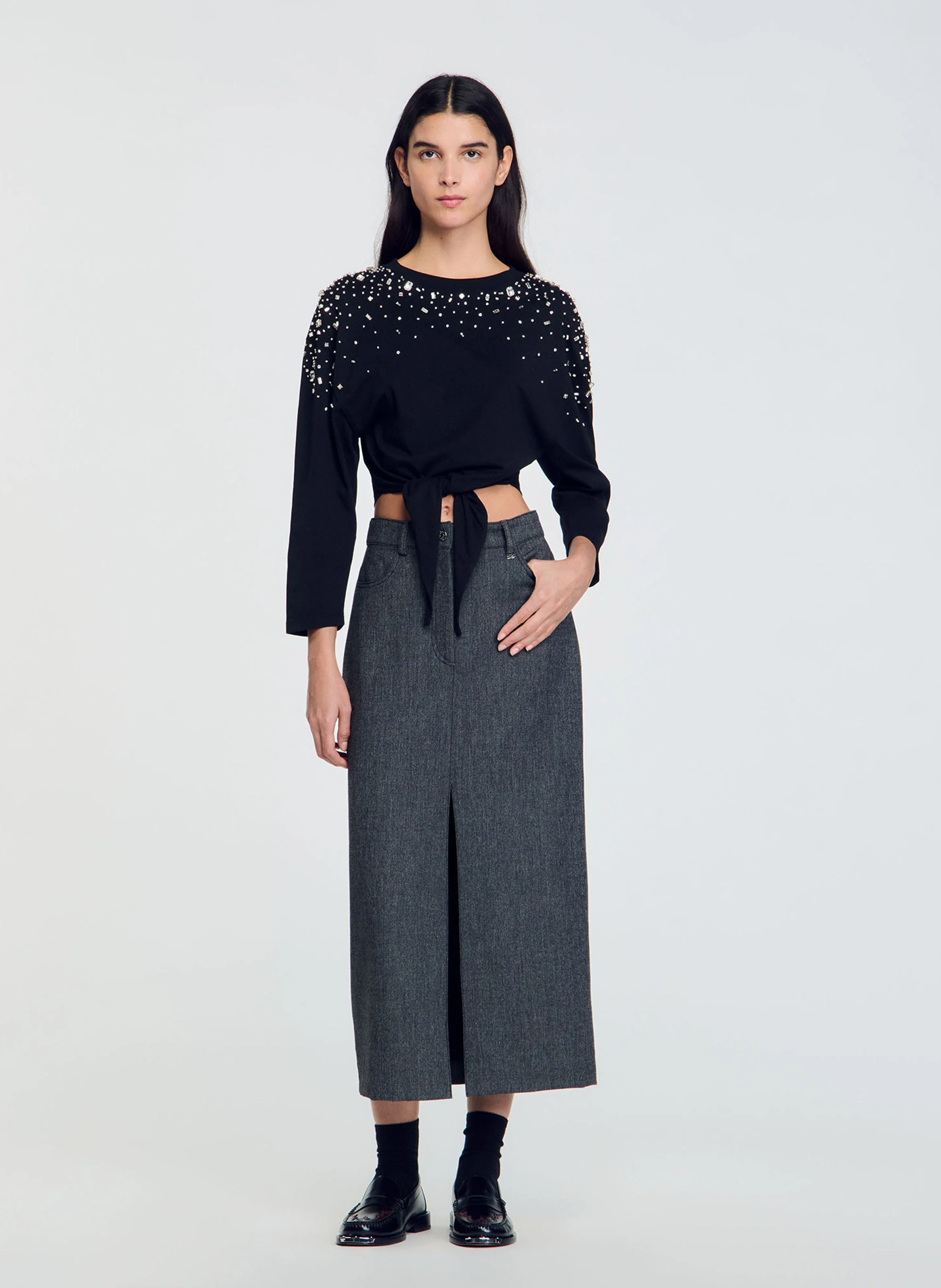 Tee-shirt col rond droit en coton| Noir