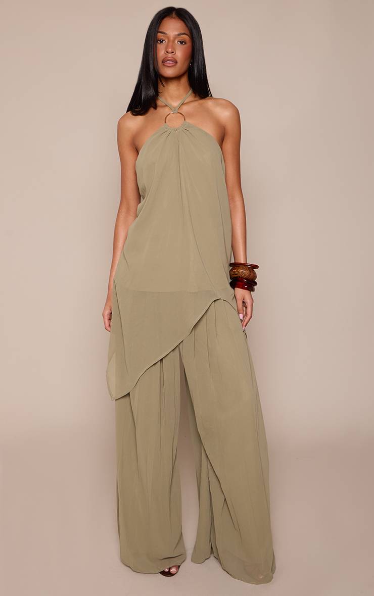 Vert Olive Pantalon Plissé Fluide Taille Haute Ensemble Coordonné