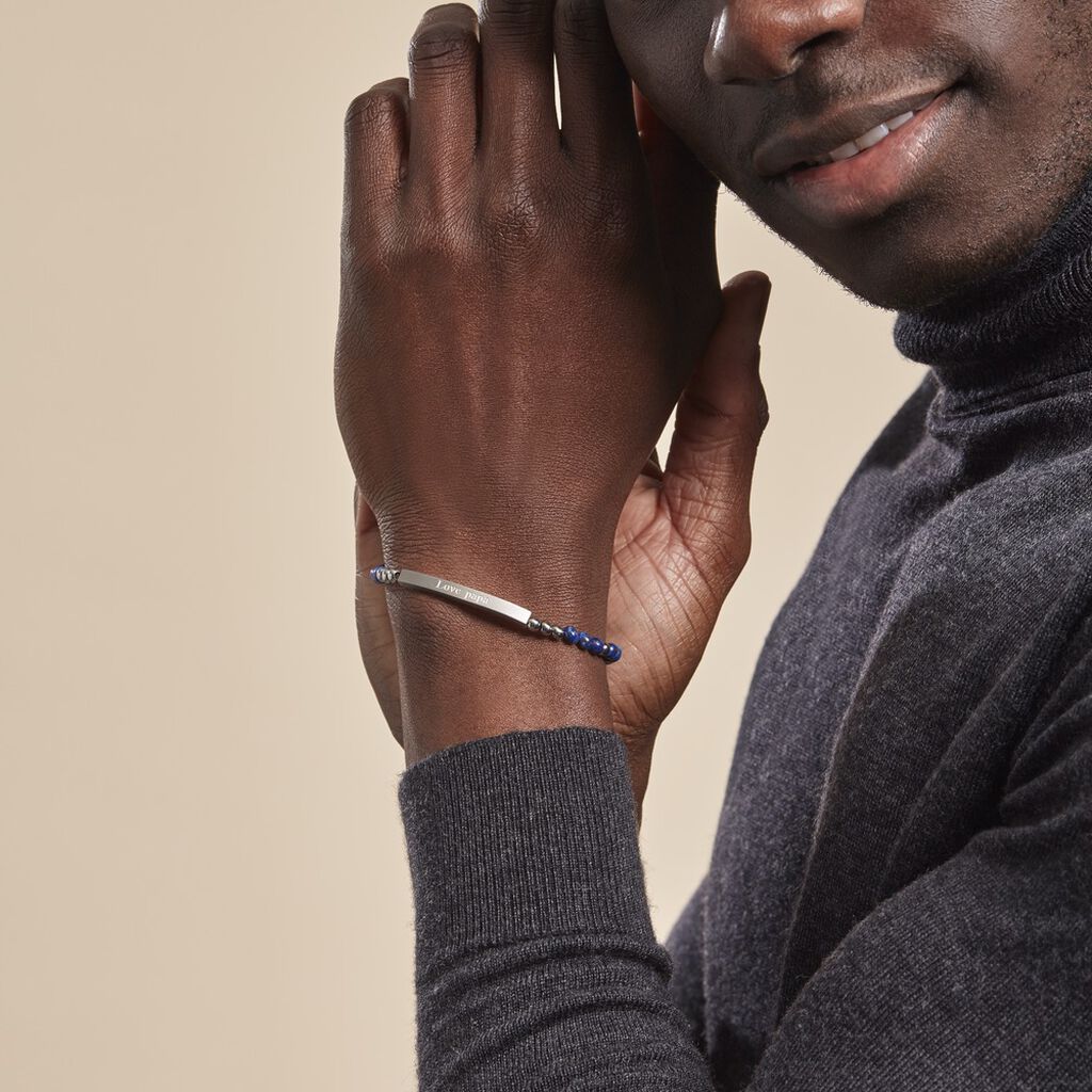 Bracelet Identité Acier Blanc Boules Sebastino Lapis Lazuli