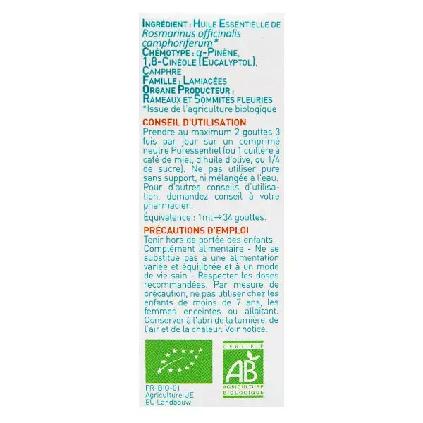 Óleo Essencial de Alecrim e Cânfora Orgânico Puressentiel 10ml