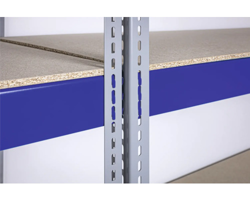 Robuuste industriële stellingkast, blauw/grijs gepoedercoat, 196x200x60 cm, 4 gedeelde houten legborden met metalen steunen en verstelbare metalen voeten, draagvermogen 1000 kg