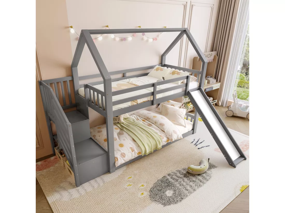 Lit superposé 90x200cm en bois - avec barrières + escalier de rangement + toboggan - Gris