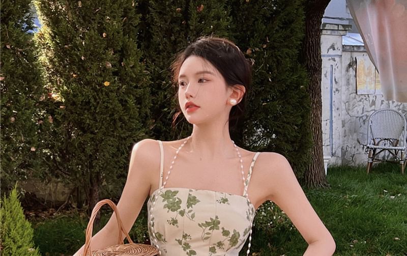 Nebbia - Midi-jurk met spaghettibandjes en imitatieparelprint en bloemenprint