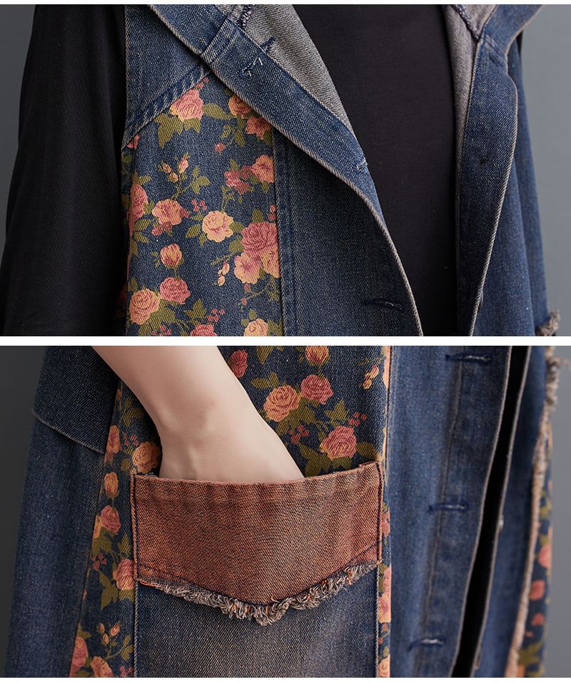 Shinobu - Gewassen denim lang vest met capuchon en bloemenprint