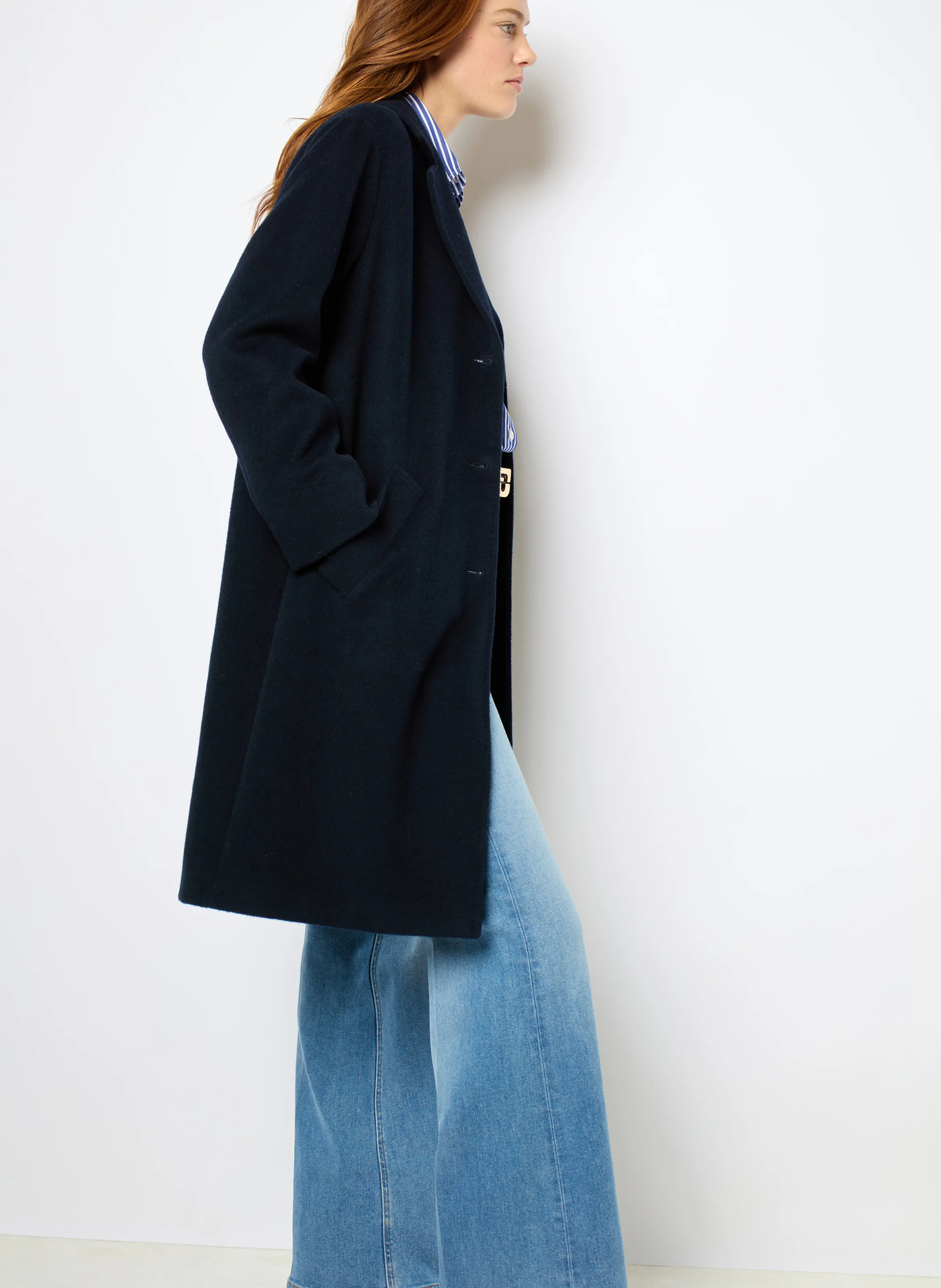 LATHICIA - Manteau col tailleur en laine vierge mélangée | Bleu