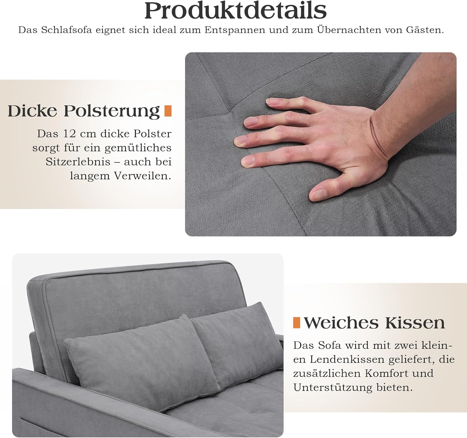 Schlafsofa 186 x 122 cm mit 5-stufig Verstellbarer Rückenlehne, 3-in-1 Schlafcouch mit Kissen und Seitentasche, hellgraues Leinen-Sofa für Gästezimmer & kleine Räume