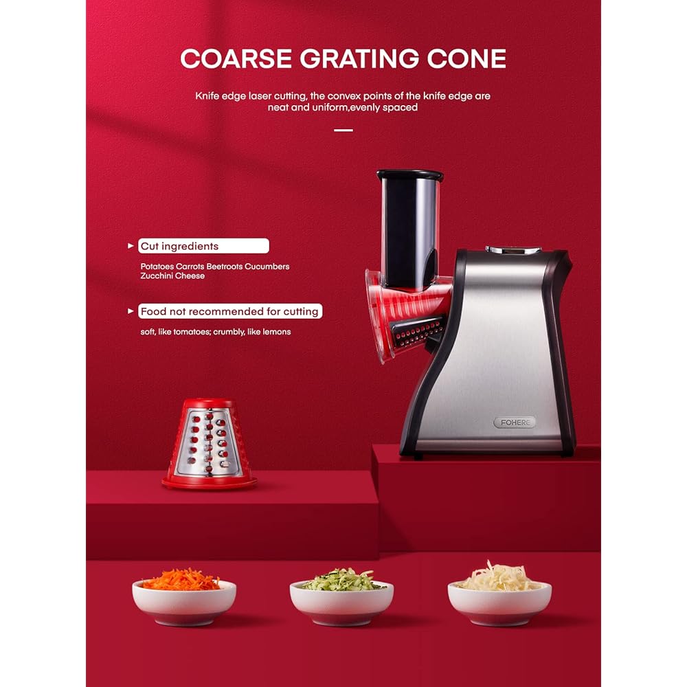 FOHERE 4 en 1 Râpe a Légumes Électrique, Découpe légumes électrique 200W Râpe Carottes Hachoir Électrique pour Fromage, Carottes, Pommes de Terre, Concombres, Argent : Cuisine et Maison