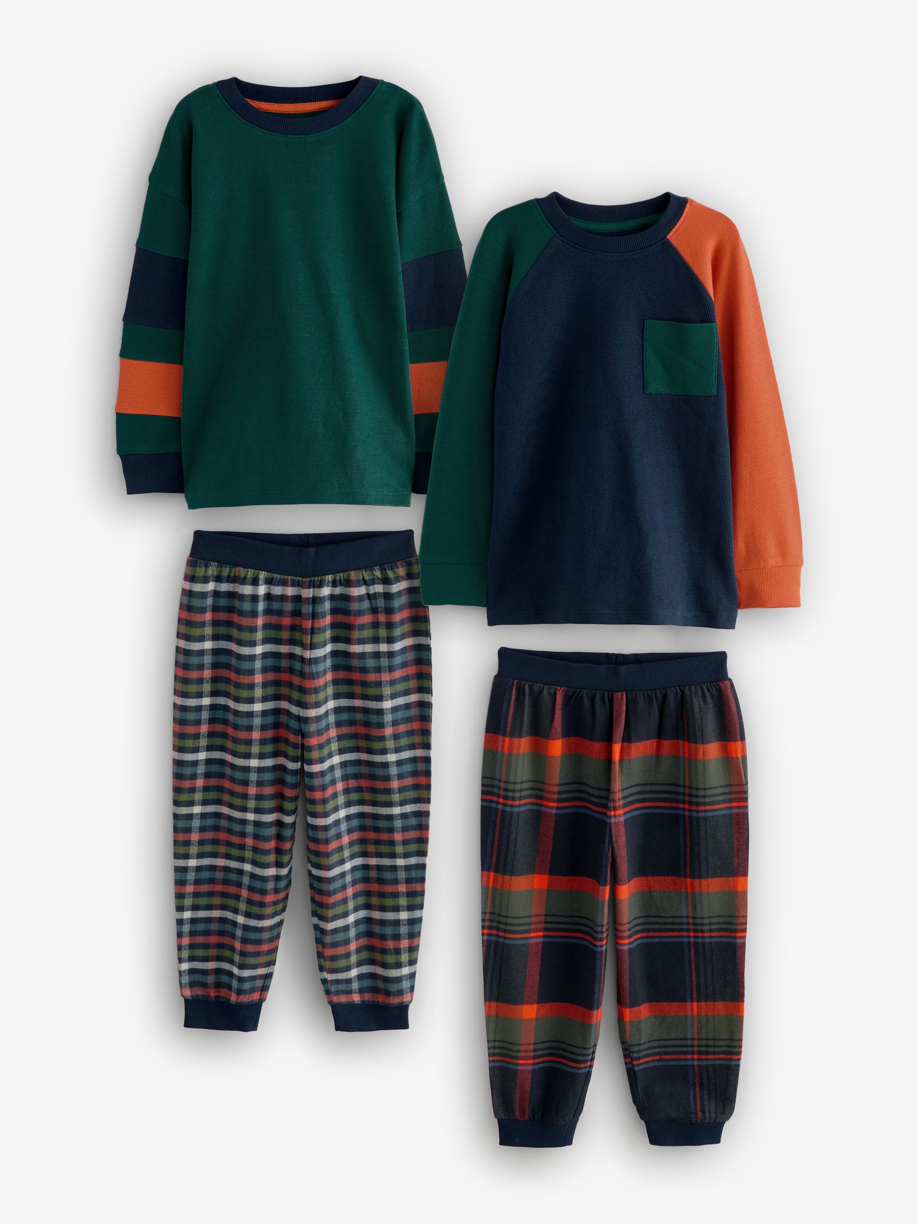 Groen/oranje - Set van 2 geweven geruite pyjama's met lange mouwen (3-16jr)