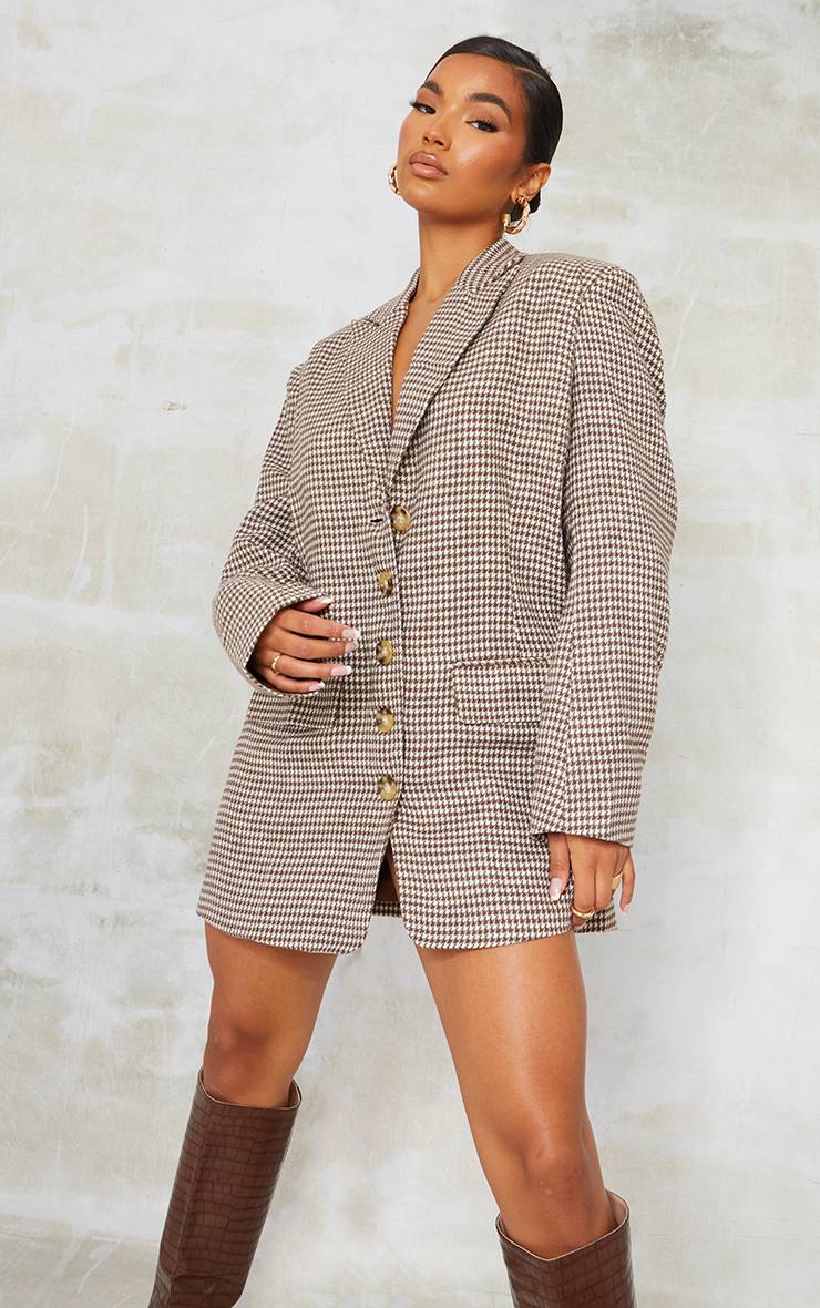 Chocolat Robe Blazer Oversize À Épaulettes En Sergé À Carreaux