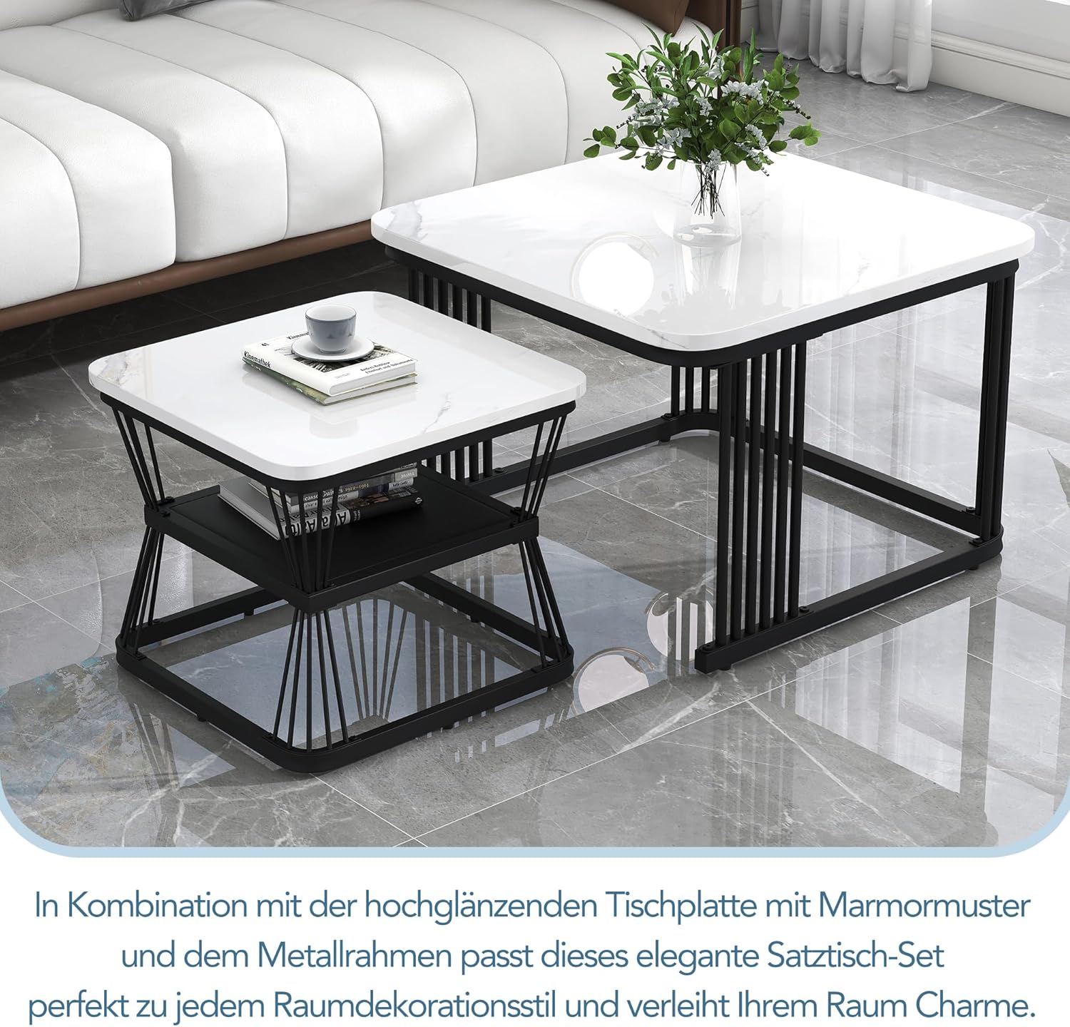 Merax Quadratisch Couchtisch 2er Set, Moderne Wohnzimmertisch mit Marmoroptik, Hochglänzend Satztisch mit Stauraum, für Wohnzimmer, Balkon und Büro, Metallgestell, Weiß und Schwarz