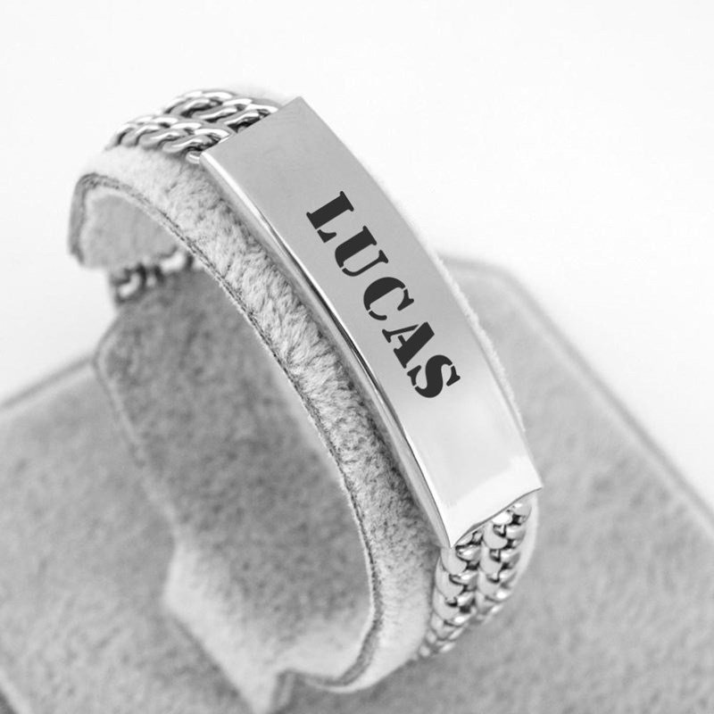 Bracelet gourmette multirang avec plaque coulissante acier inoxydable prénom gravure personnalisée