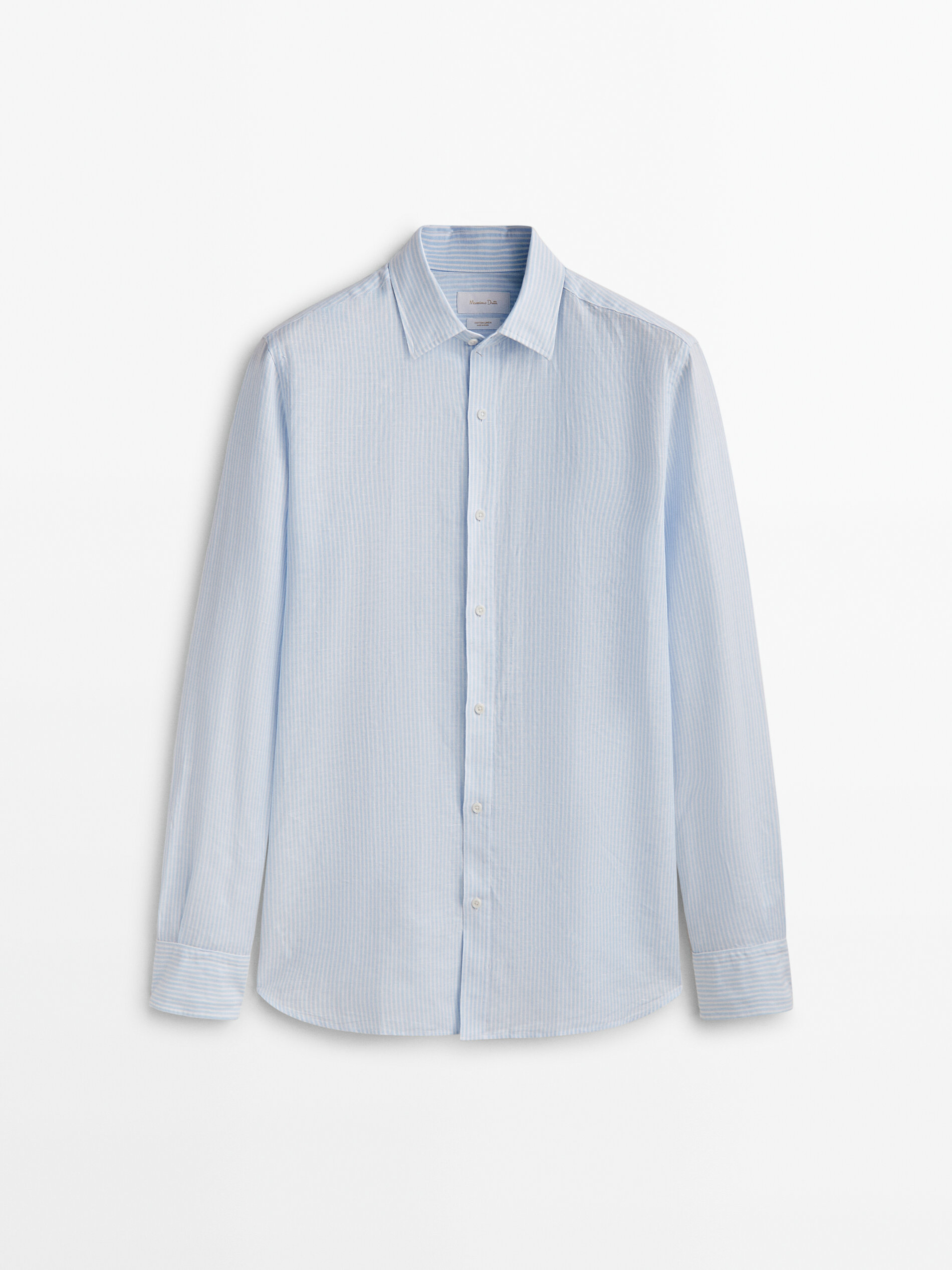 Camisa listrada em linho e algodão, modelagem slim - Azul claro