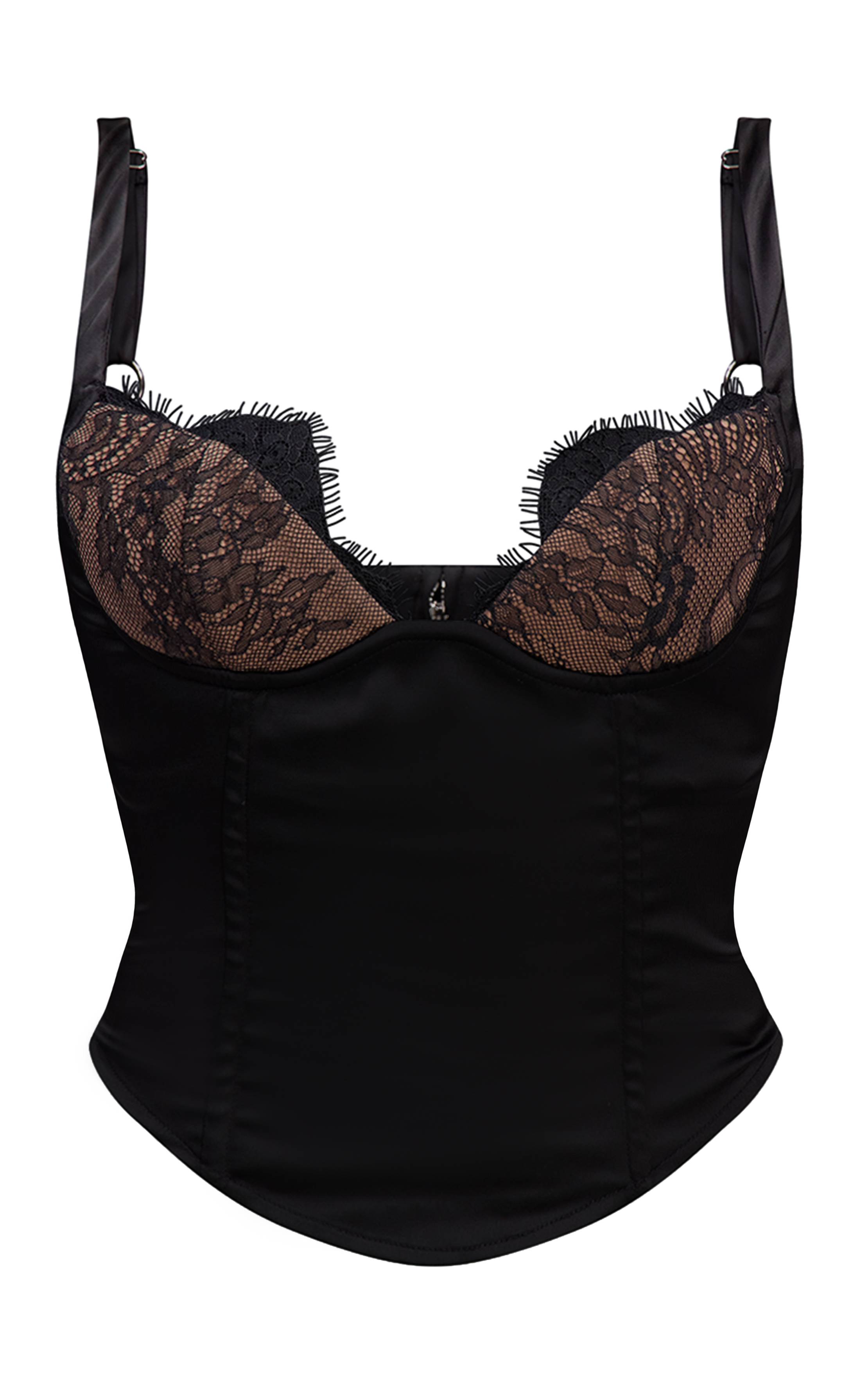 Noir Ensemble Corset À Panneaux Satinés Structurés Avec Détails De Bonnets En Dentelle Plt Label