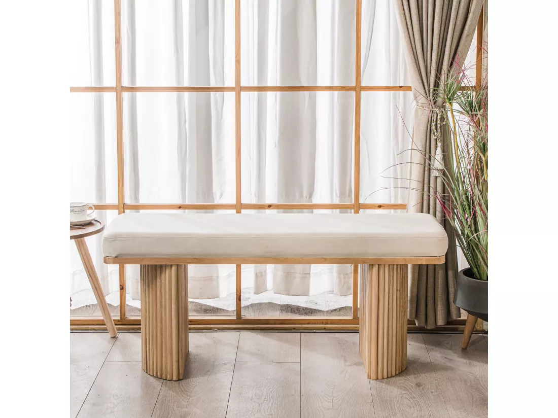Banc en bois massif et velours beige