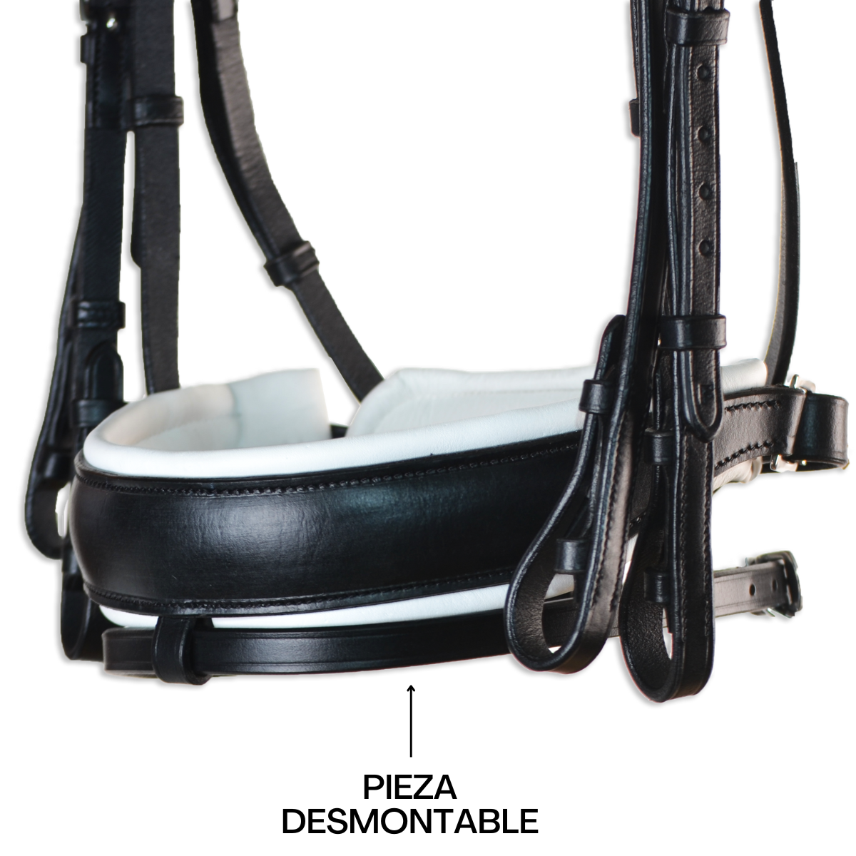 Cabeçada dupla estilo inglês da Los Nietos. Preta e branca. Equipamento para cavalos. Produto de selaria.