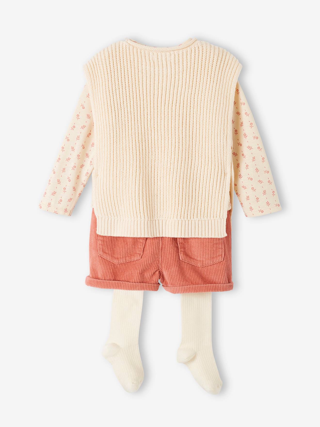 Conjunto de roupa de bebê de 4 peças: camiseta + shorts + suéter + meia-calça rosa-claro
