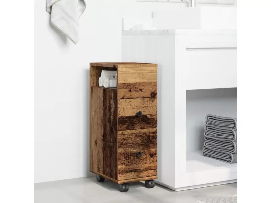 Meuble étroit de salle de bain à roulettes vieux bois
