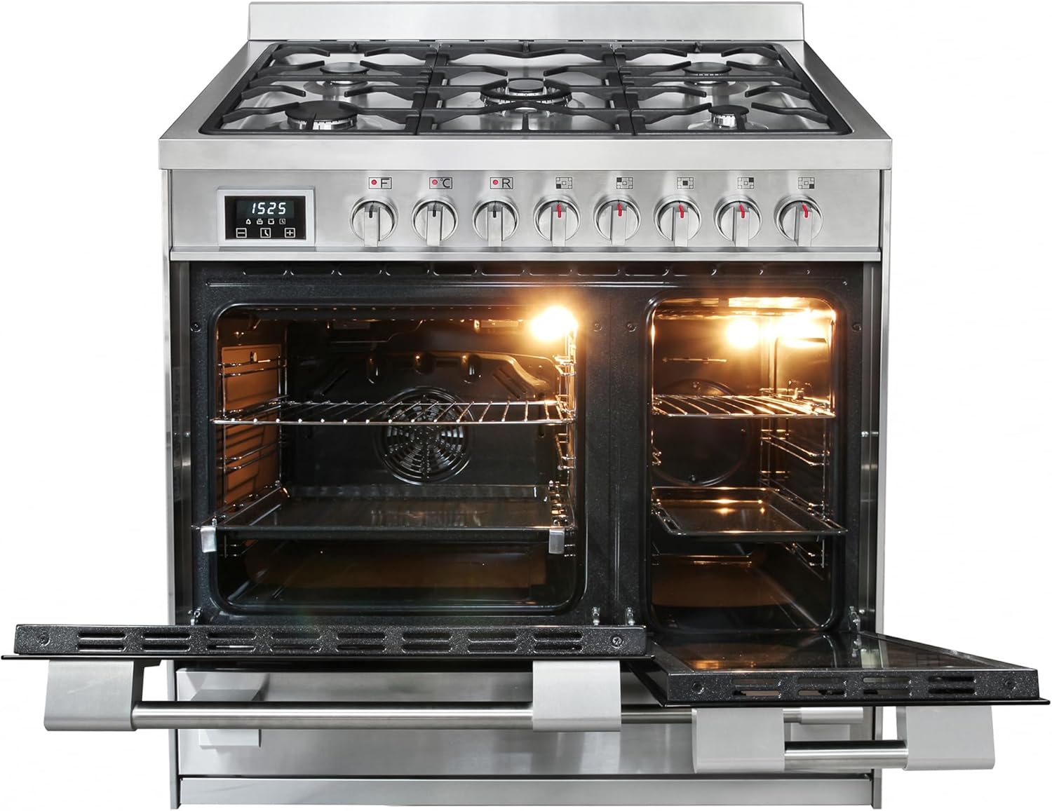 Kaiser Premium Herd HGE 93201 R Gasherd 90 cm Edelstahl • Doppel-Elektrobackofen 115 L • 5 Gasbrenner mit 3,7 kW WOK • Erdgas/Propangas Range Coocker • 8 Funktionen • Selbstreinigung • Anti-Touch