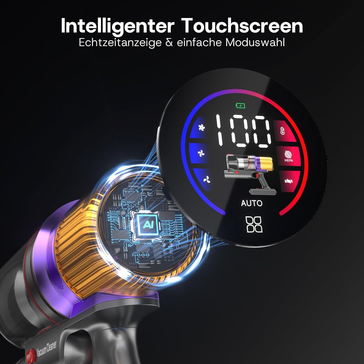 V16 Akku Staubsauger 600W/55Kpa/80Mins, Staubsauger Kabellos mit LED Touchscreen, Automatikmodus, Anti-Tangle Bodenbürste, Akkustaubsauger für Teppich Tierhaare Hartböden