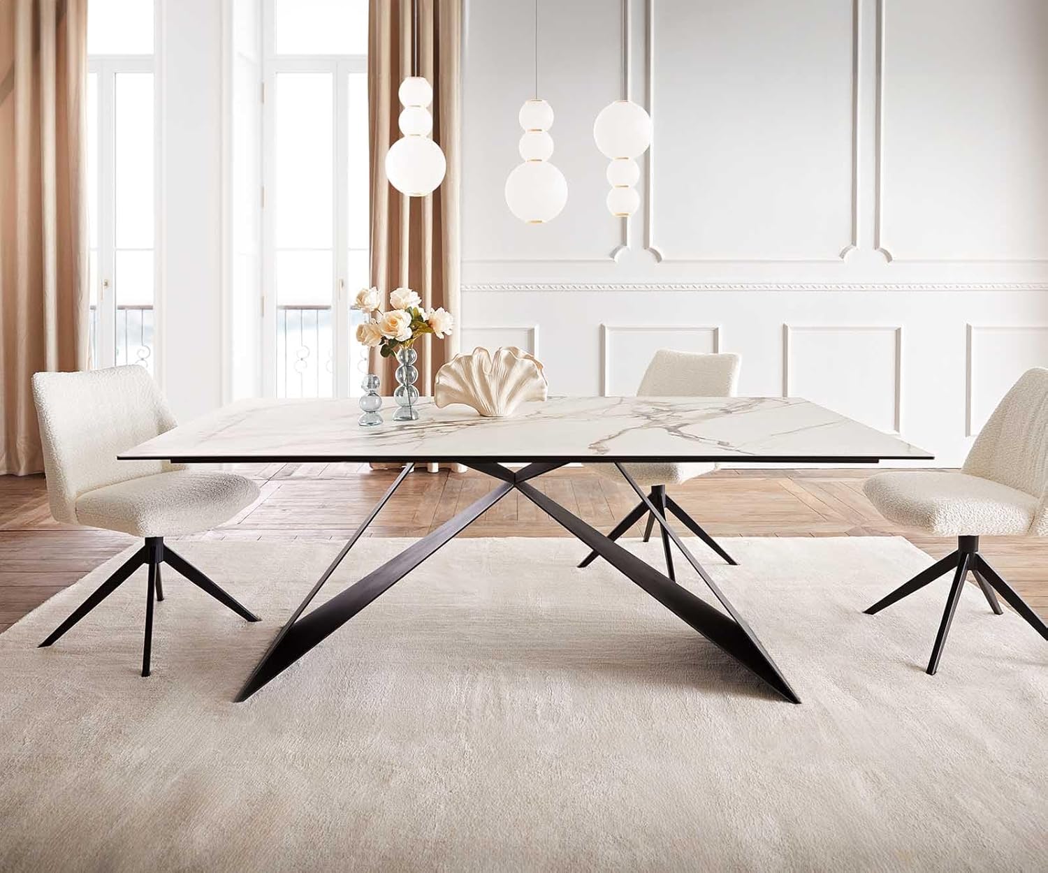 DELIFE Esszimmertisch Edge Keramik Calacatta Luxe Weiß-Gold-Grau 200x100 V-Gestell Flachstahl Schwarz