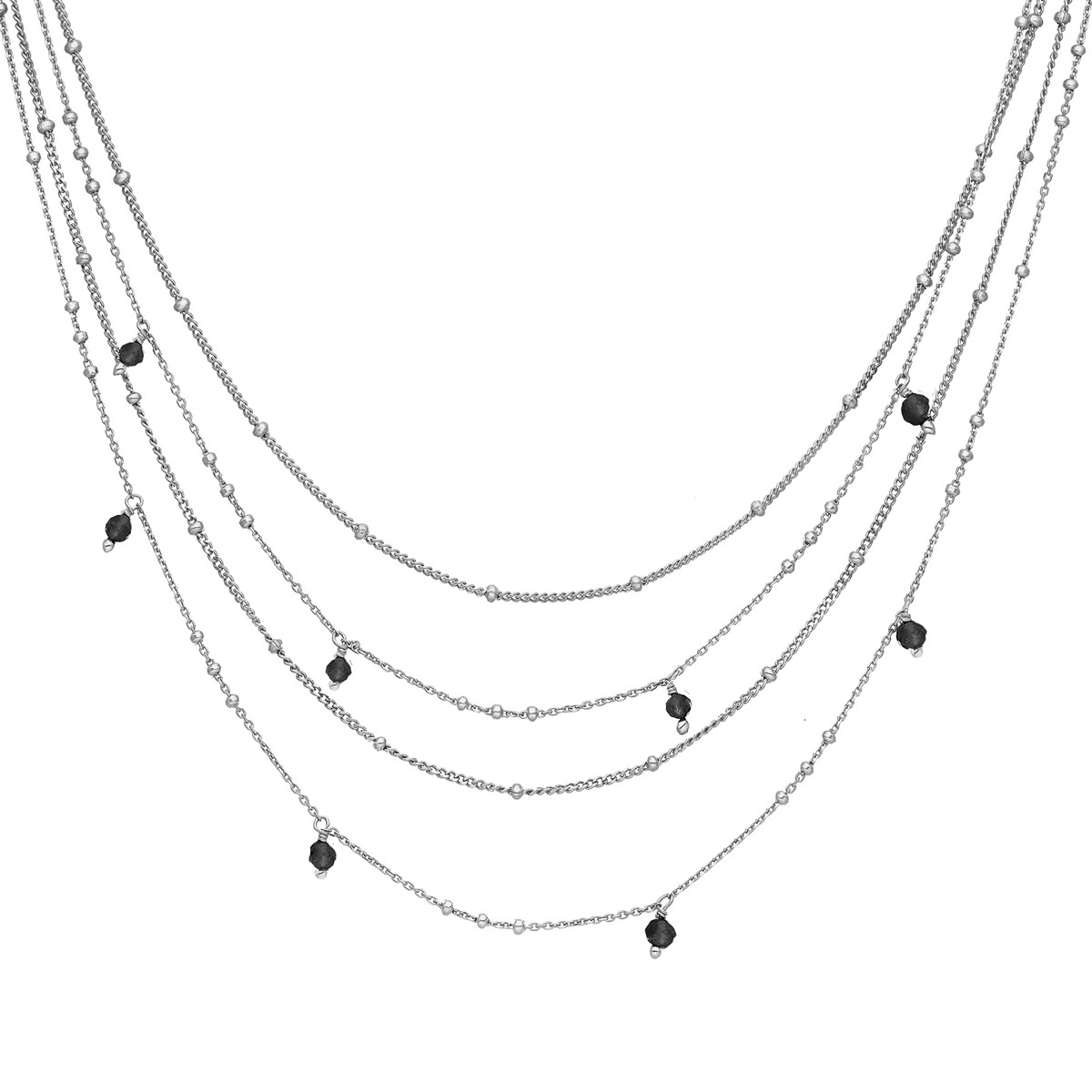 Collier Argent Multiples Chaine Et Pierres Naturelles Spinelle Noir