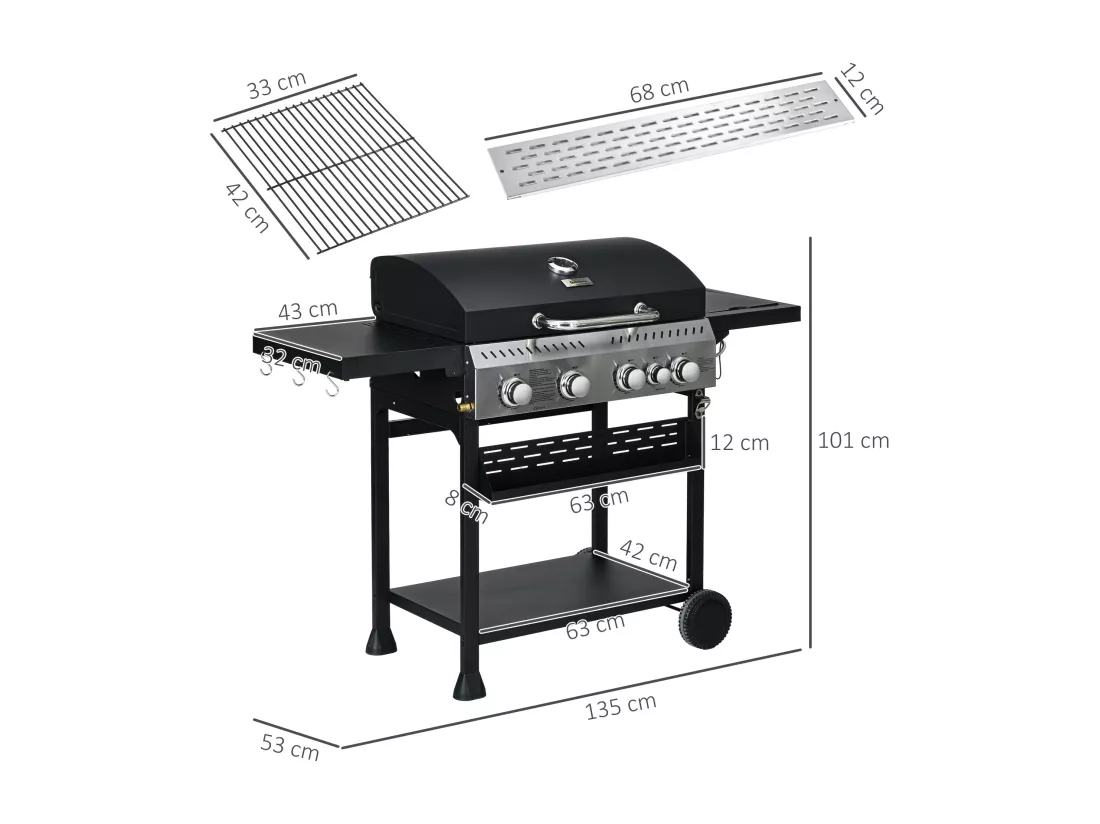 Barbecue à gaz 4+1 - 12,5 kW - 2 roues, étagères, thermomètre, décapsuleur, crochets - acier inox noir