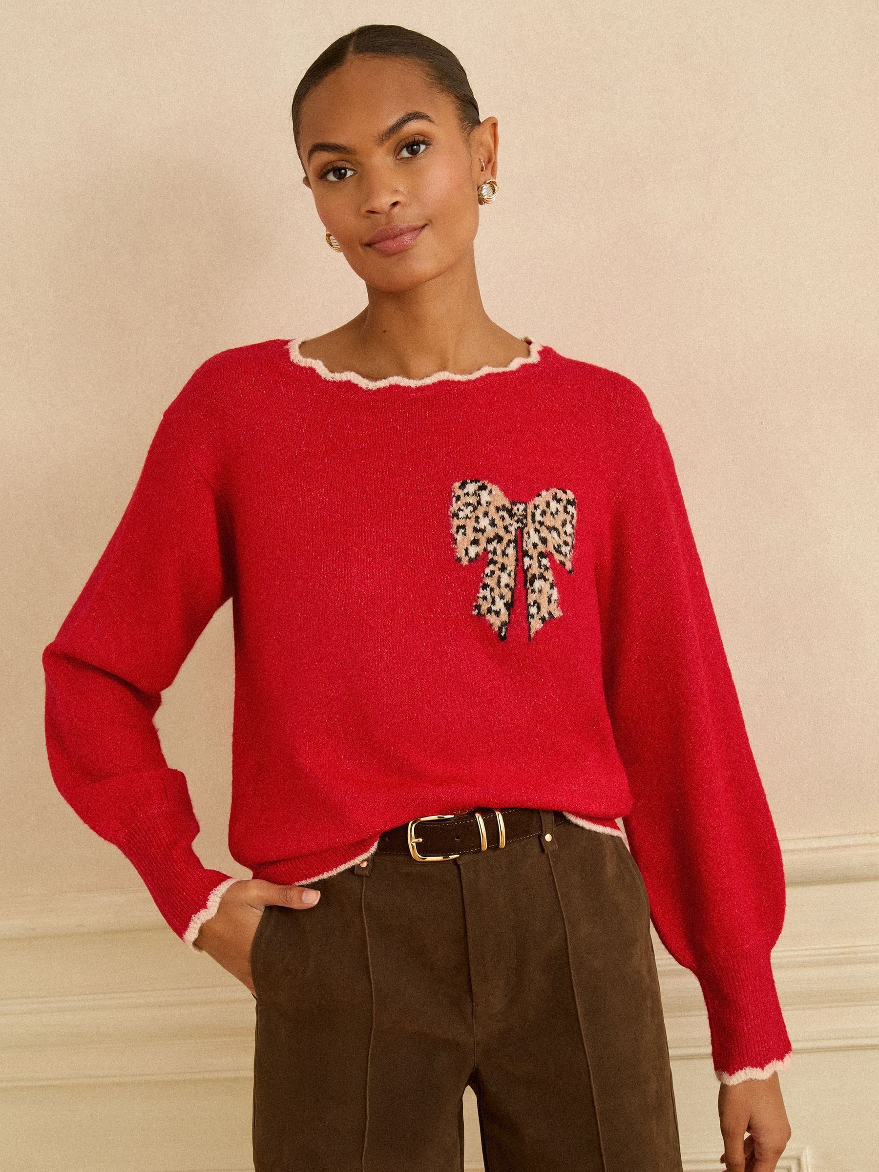 Rode strik met luipaardprint - Love & Roses Scallop Knitted Jumper