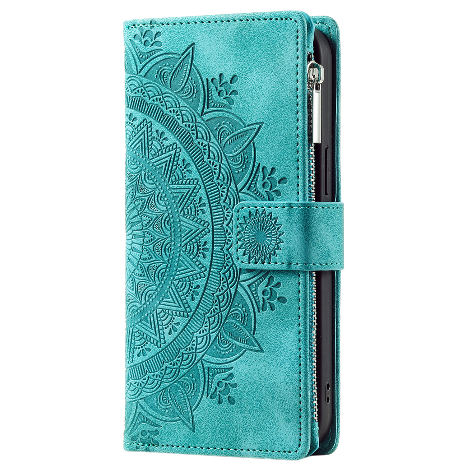 Samsung Galaxy S24 FE Leder Tasche Flip Cover mit Reissverschluss - Mandala Flowers Imprint - Türkis