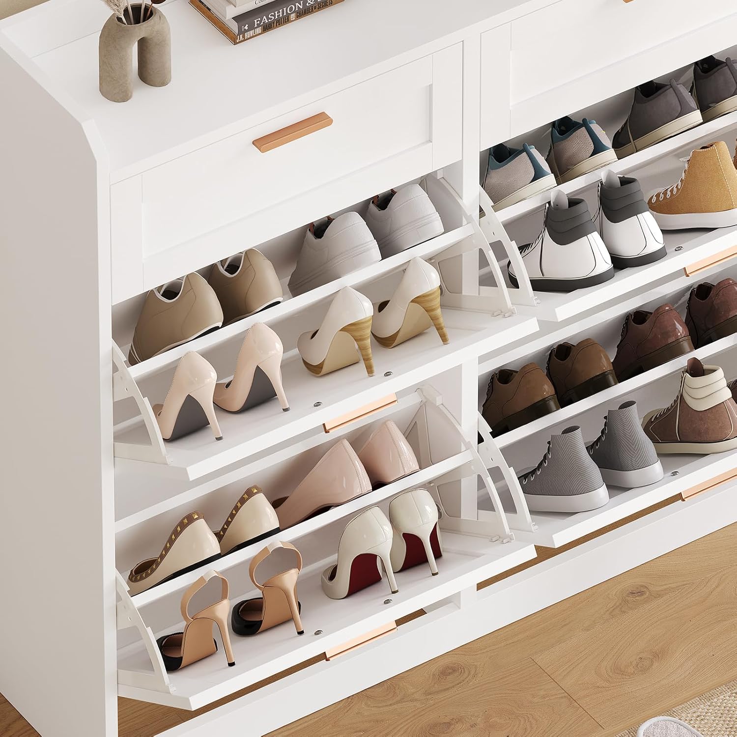 Schuhschrank mit 4 Klappen, Schuhkipper Schmal, Schuhschrank mit 2 Schubladen, Trennwand Verstellbar, für 16-24 Paar Schuhe, Flur, Portale, 24 x 100 x 103 cm, Weiß
