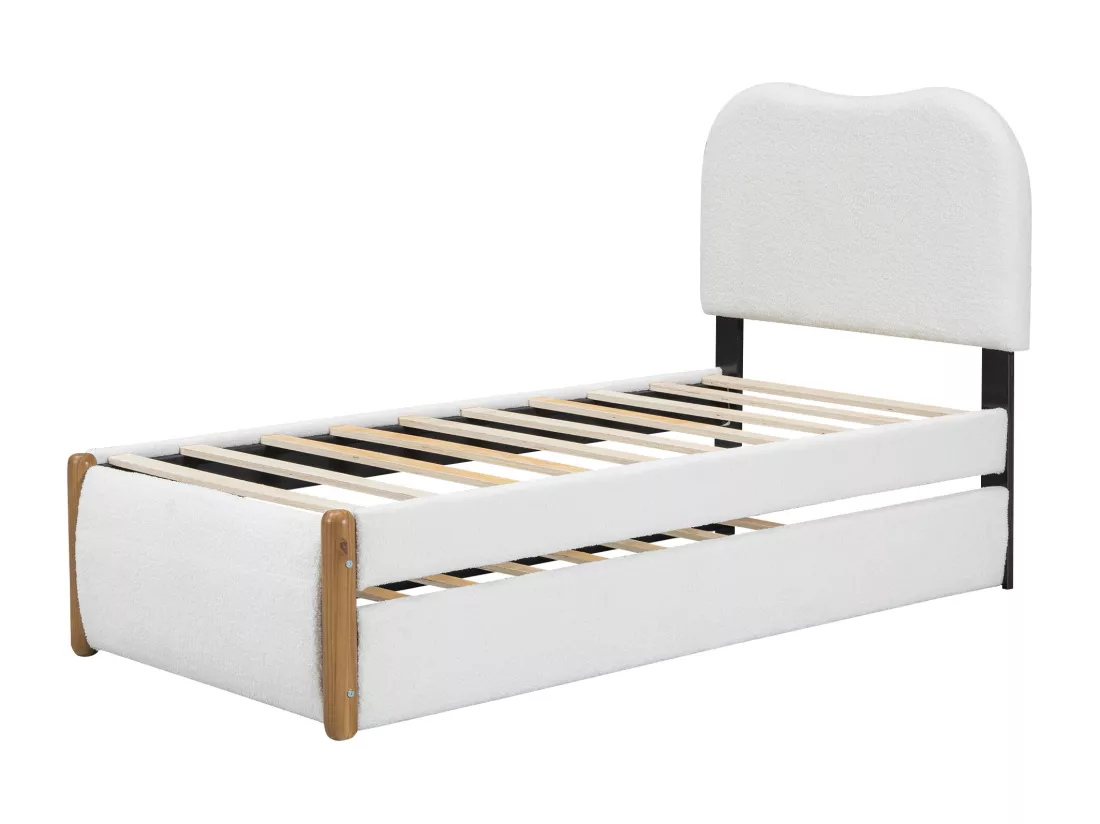 Lit gigogne 90 x 200 cm + 90 x 190 cm - style moderne - tissu en peluche - sommier à lattes - blanc
