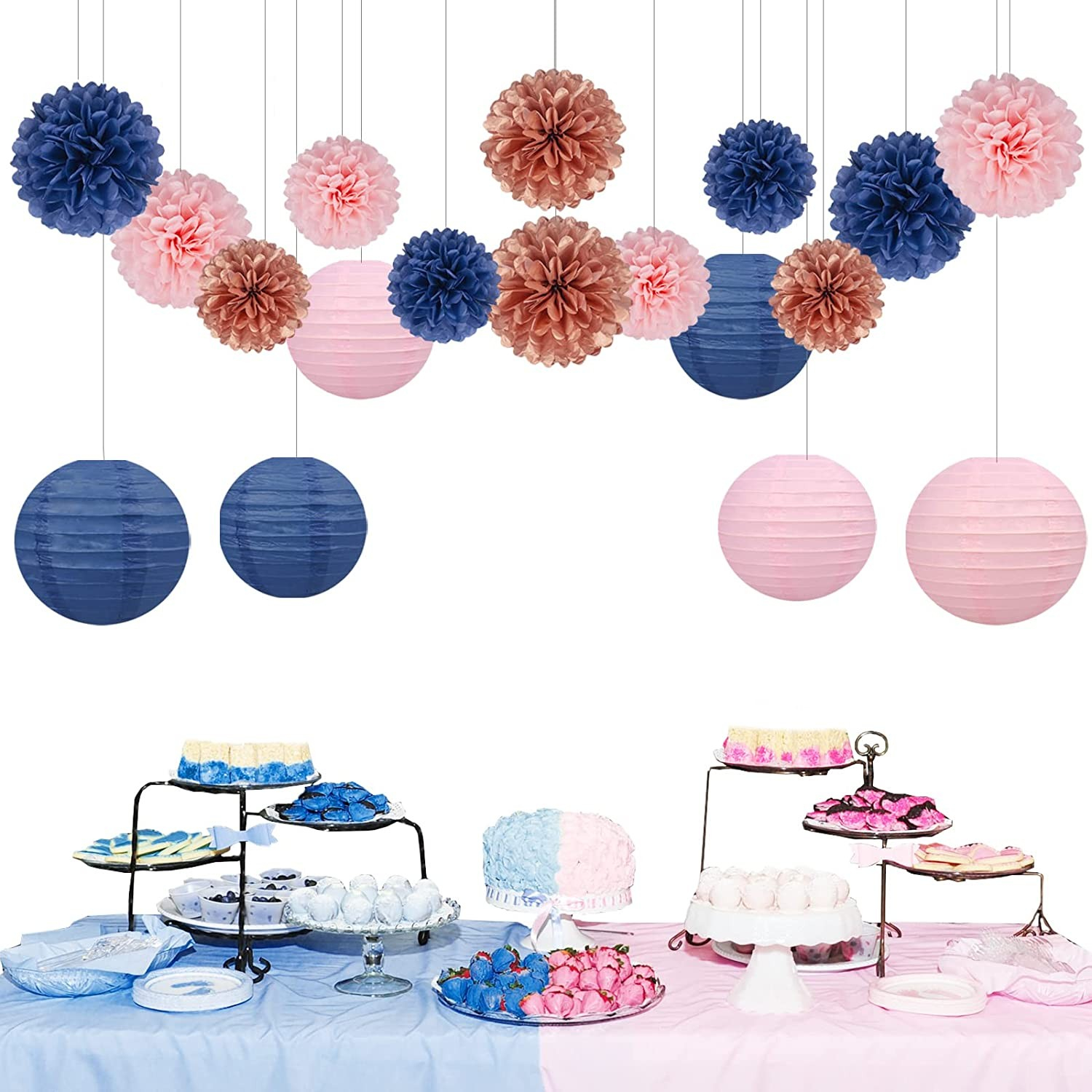 (12-tlg. Set) Papier Lampion Pompon's Deko Party / Geburtstag / Hochzeit - Rosa / Grau / Weiss